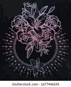 Ilustración vectorial botánica, litio de verano y flores de rosas, ramo de flores, decoración romántica, hecha a mano, impresión, pizarra de fondo