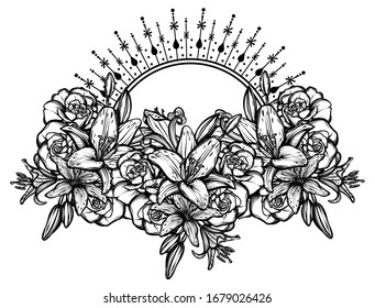 Botanical vector illustration, summer lilium and roses flowers, bouquet of flowers, romantic decoration, tattoo, print on t-shirt, line art style, Handmade