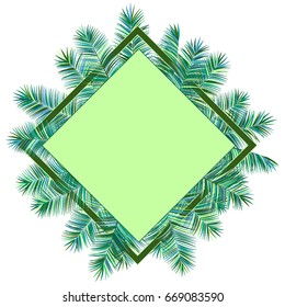 Botanical vector illustration with tropical palm leaves frame. Exotic nature card or banner with border for text isolated on white background. Jungle greenery floral pattern. 