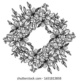 Botanical vector illustration, wreath of summer lilium flowers