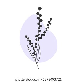 Botanical vector. Linear doodle style. Cute plant, small berries. Dusty lilac spot. For postcards, prints, invited.