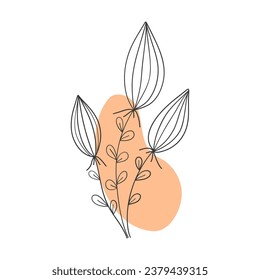 Botanical vector. Linear doodle style. Minimalistic, stylish bouquet, unopened flower buds. A bright orange spot. For invitations, postcards, stickers.