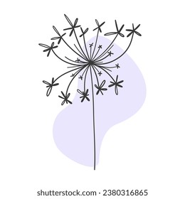 Botanical vector. Linear doodle style. Elegant flowering plant. Clean lines. Warm lilac spot. For emblems, postcards, stickers.