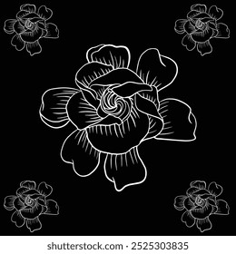 Botanical vector. Linear doodle style. Stylish black background. Branches of plants, pointed and round leaves, flowers, berries. Strict, clear lines. For packaging paper, prints.