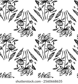 Botanical vector pattern with continuous hand drawn flowers and leaves, presented in black and white linear style, perfect for elegant designs like textiles, wallpapers, packaging, covers, and prints
