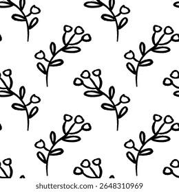 Botanical vector pattern featuring simple black branches and blossoms on a white background ideal for various design applications.