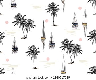Botanical vector seamless pattern background with coconut palm trees, sailboat silhouettes, sun. Isolated on white background. The Summer beach surfing illustration. The landscape illustration