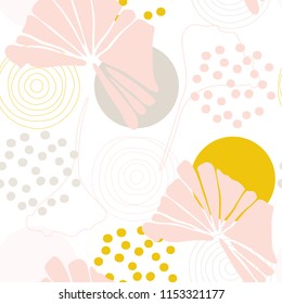 Botanical Vector Seamless Pattern With Hand Drawn  Tropical  Leaves  And Geometric Background.