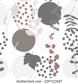 Botanical vector seamless pattern with hand drawn herbs, plants, flowers and leaves and geometric background with circles and dots.