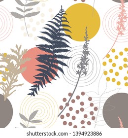 Botanical vector seamless pattern with hand drawn herbs, plants, flowers and leaves and geometric background with circles and dots.