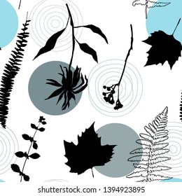 Botanical vector seamless pattern with hand drawn herbs, plants, flowers and leaves and geometric background with circles and dots.
