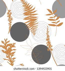 Botanical vector seamless pattern with hand drawn herbs, plants, flowers and leaves and geometric background with circles and dots.