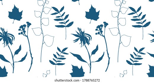 Botanical vector seamless pattern. Hand drawn illustrations of plants, wildflowers, leaves and herbs on white background.