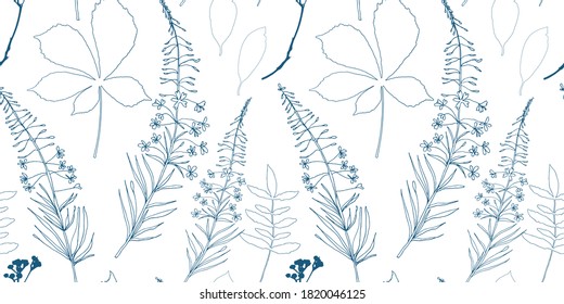 Botanical vector seamless pattern. Hand drawn illustrations of plants, wildflowers, leaves and herbs on white background.