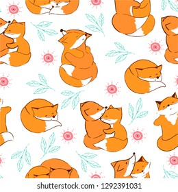 Botanical vector seamless pattern with the image of bright flowers, herbs and hugging foxes in the style of folk on a white background