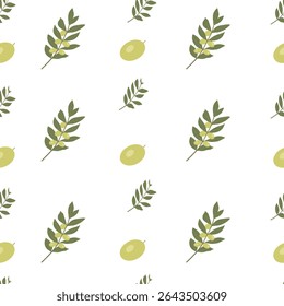 Padrão contínuo do vetor botânico. Ramos de oliveira com frutos, azeitonas sobre fundo branco. Perfeito para têxteis e embalagens de produtos orgânicos