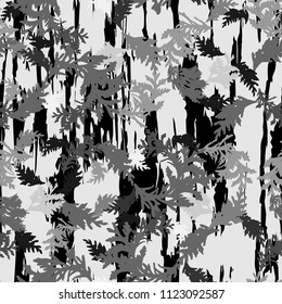 Botanical vector seamless pattern with thuja branches and twigs and abstrac brush stokes background.