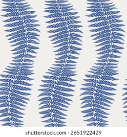 Vetor botânico sem emenda padrão galho decorativo samambaia elementos folhas, azul Silhueta no bege. Ilustração desenhada à mão. Fundo para embalagem de design, têxtil, papel de parede, tecido, papel monocromático