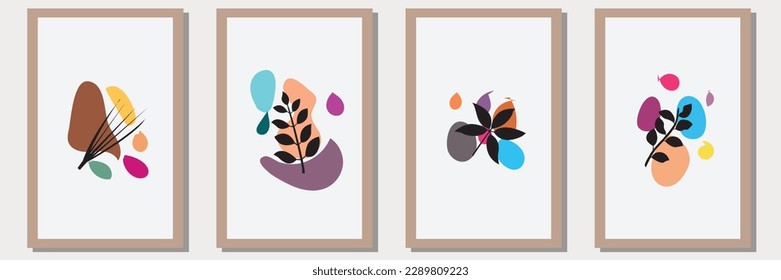 Conjunto de vectores botánicos de arte mural creativo con forma abstracta, adecuado para la decoración de paredes, arte mural, diseño interior, fondo, papel pintado, diseño de postal y folleto, ilustración