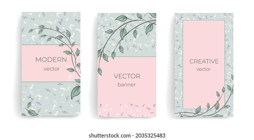 Botanical, vector set. Modern card design with elements of greenery, decorative branches, herbs. Suitable for invitations, social media posts, stories, banners, mobile apps, web and internet ads