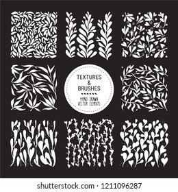 Botanical vector textures for organic branding, fashion textile and floral prints. Hand drawn flower petals, stems, leaves backdrops. Herbal pattern, plant ornamentation isolated on background.