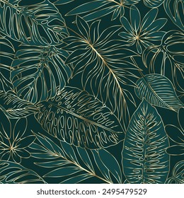 Botanical vector tropical pattern with colorful plants and leaves on green background. Seamless exotic pattern with tropical plants. Summer colorful Hawaiian landscapes. Print and textile.