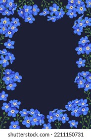 Botanical vector vertical frame. Blue forget-me-not on dark background. Realistic plants drawn by hand. Place for text. Banner template for social networking posts, postcard, poster, invitation, flyer