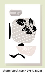 Botanical vector wall art. Black ink print of the leaves with abstract pink-gray shapes. Minimalistic natural poster with abstract design of plants and stones for printing, covers, wallpapers