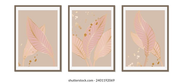 Botanical vector wall art set. Golden foliage with golden paint splashes. Abstract botanical design for wall prints, canvas prints, posters, home deco