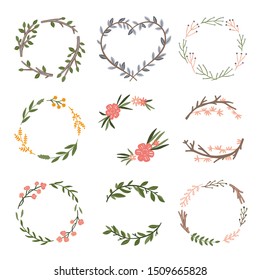 Botanical vector wreaths on white background. Elegant graphic set for beautiful design. Plants and flowers elements