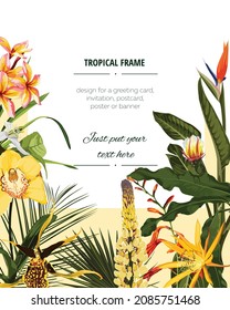 Botanical vertical banners with yellow tropical exotic flowers on white. Design for cosmetics, spa, health care products, travel company. Can be used as summer background.