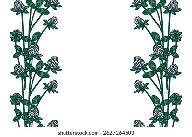 Botanical vertical floral border isolated on white background. Hand drawn clover plant with pink Flowers green Leaves Stems vector illustration. Graphic design element for Birthday Wedding Greeting 