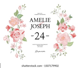 Botanical vertical wedding invitation card template design, rose flowers and leaves with wreath frame on white background, vintage style. Greeting card invitation.