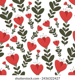 Botanical vibrant red flowers pattern on isolated white background. Spring vector illustration. For wrapping paper, prints, seasonal decor.