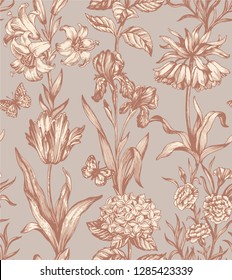 Botanical victorian seamless pattern for wrapping paper, textile and wallpaper. Engraved vintage style. Vector illustration.