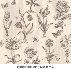 Botanical victorian seamless pattern for wrapping paper, textile and wallpaper. Engraved vintage style. Vector illustration.