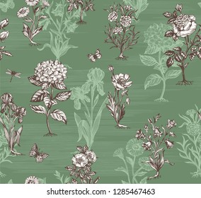 Botanical victorian seamless pattern for wrapping paper, textile and wallpaper. Engraved vintage style. Vector illustration.