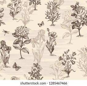 Botanical victorian seamless pattern for wrapping paper, textile and wallpaper. Engraved vintage style. Vector illustration.