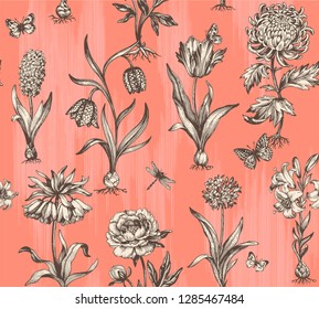 Botanical victorian seamless pattern for wrapping paper, textile and wallpaper. Engraved vintage style. Vector illustration.