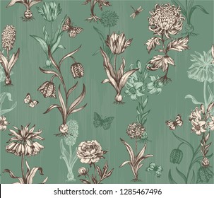 Botanical victorian seamless pattern for wrapping paper, textile and wallpaper. Engraved vintage style. Vector illustration.