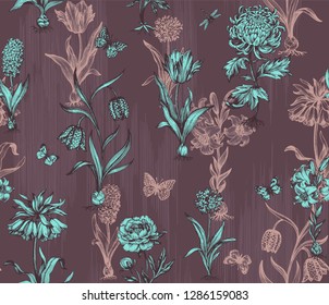 Botanical victorian seamless pattern for wrapping paper, textile and wallpaper. Engraved vintage style. Vector illustration.