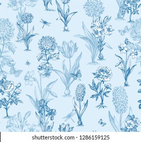 Botanical victorian seamless pattern for wrapping paper, textile and wallpaper. Engraved vintage style. Vector illustration.