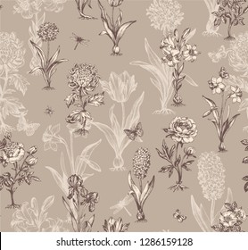 Botanical victorian seamless pattern for wrapping paper, textile and wallpaper. Engraved vintage style. Vector illustration.