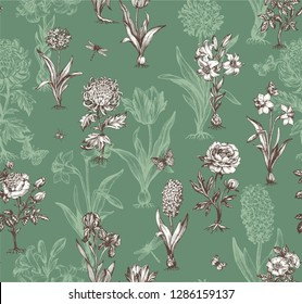 Botanical victorian seamless pattern for wrapping paper, textile and wallpaper. Engraved vintage style. Vector illustration.