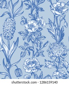 Botanical victorian seamless pattern for wrapping paper, textile and wallpaper. Engraved vintage style. Vector illustration.