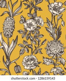 Botanical victorian seamless pattern for wrapping paper, textile and wallpaper. Engraved vintage style. Vector illustration.