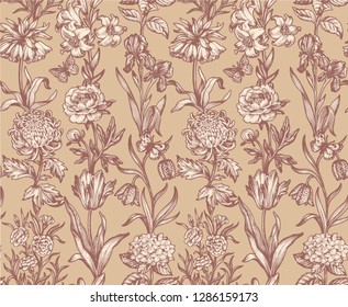 Botanical victorian seamless pattern for wrapping paper, textile and wallpaper. Engraved vintage style. Vector illustration.