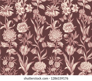 Botanical victorian seamless pattern for wrapping paper, textile and wallpaper. Engraved vintage style. Vector illustration.