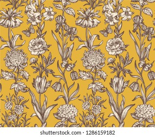 Botanical victorian seamless pattern for wrapping paper, textile and wallpaper. Engraved vintage style. Vector illustration.