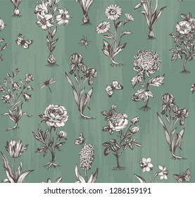 Botanical victorian seamless pattern for wrapping paper, textile and wallpaper. Engraved vintage style. Vector illustration.